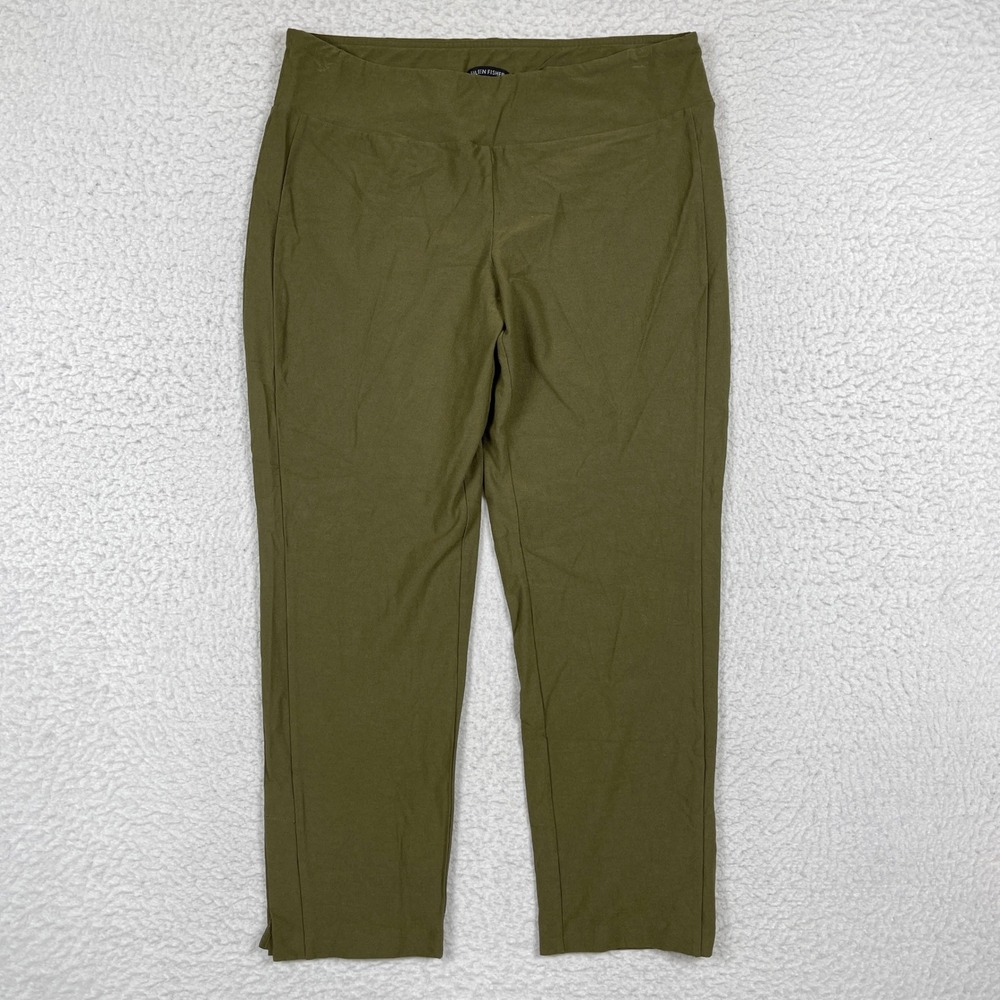 Eileen Fisher Ankle Pants Womens Large Olive Green Stretch Slim Pull On Slit Hem